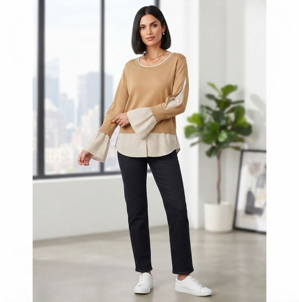 New York & Company Tan Faux Layered Long Bell Slit Sleeve Sweater Size XL